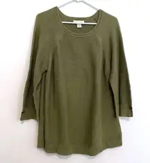 CHRISTOPHER & BANKS Crew Neck Sweater Button Cuff Olive Green 3/4 Sleeve Cotton