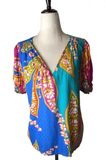 Haute Hippie Shirt Women Large Blue Floral Short Puff Sleeve Top‎ Boho Preppy