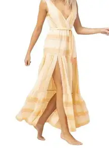 L Space XL Clara Maxi Dress Yellow Gold Stripe Sleeveless Tie Waist Boho NWT