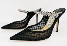 Jimmy Choo  Bing 100mm Black Glitter Mesh Check Crystal Mule Pumps Size EU 37