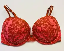 Victoria's Secret Very Sexy Push‎ Up Bra Pink Lace Rhinestone Bling Size 36D
