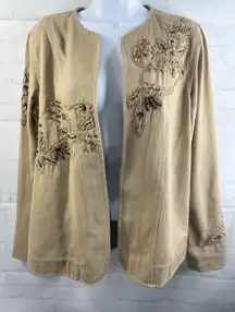 Laura‎ Ashley Jacket Women's Small Beige Cotton. Open Front Beaded Embroidered