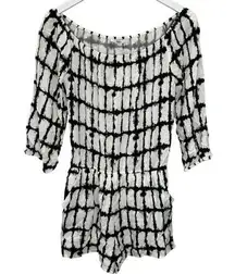 Bar III Romper Swim Cover Up White Black Plaid Size L Shorts Long Sleeve New