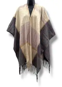 Woolrich Fringe Colorblock Poncho Wrap One Size Neutral Fall Layering‎ Piece