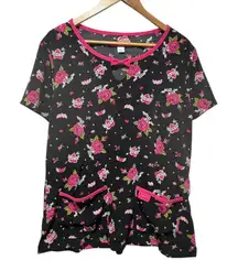 Betsey Johnson Women Top L Black Pink Rose Print XOXO Medical Nurse Uniform