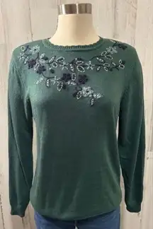Vintage Beaded Floral Knit Sweater Green Embroidered Pullover‎ small