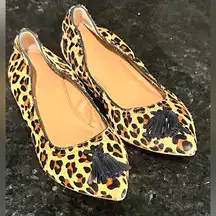 J. Crew Leopard Print Calf Hair pointy toe Tassel Stretch Ballet Flats. Size 6