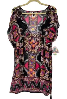 Becca Swimwear Black Pink Sheer Printed Swimsuit Coverup Tunic Dress Womens XS/S