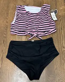 Retro Stage new 1950’s pin up style Pink and Black Striped Bikini Set size XXL