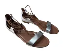 White House Black‎ Market White Silver Lace Up Open Toe Strappy Flats Size 7.5