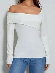 Women's Long Sleeve Strapless Knit Tops White Solid Slash Neck Slim Fit Button Down T-Shirts XS