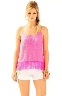 LILLY PULITZER NAEEM BERRY SANGRIA FRINGED PINK ADJUSTABLE STRAP TOP XL