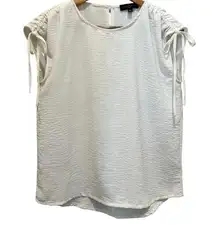 FRED DAVIS Silky Neutral Top Blouse Sz S Ruched Shoulder Ties Round Neck Office