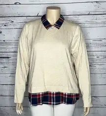 J. Crew NWT Size 2X Tan - Plaid Layered Long Sleeve 100% Cotton Sweater Top