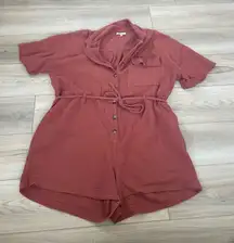 Madewell Womens Muted Red Button Down‎ Collared Tie Waist Gauze Romper Size 1X