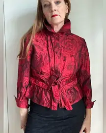 Vintage Womens Silk Blouse Floral Print Chili Red/Black 90s Designer Formal