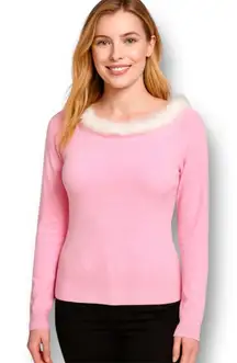 BCBGMAXAZRIA Pink Feather Trim Knit Sweater Barbiecore Y2K Old Money Size Small