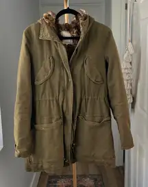 Zara Olive Green Fur Lined Thick Warm Military Parka Size Small