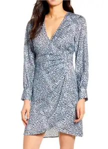 Satin Long Sleeve Virgo Leopard Wrap Mini Dress Blue Fog Black XS