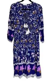 R. Vivimos Long Sleeve Bohemian MIDI Dress Navy Floral Women’s Size XS (0-2)