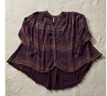 Free People  Come On‎ Over Plaid Tunic Button Pleated Hi Lo Fray Purple Gold Sz S