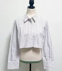 Zara White Taupe Stripe Button Up Distressed Raw Hem Collar Crop Blouse XS