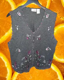 Vintage Classic Elements‎ Black with Embroidered Floral Sweater Vest Size Medium