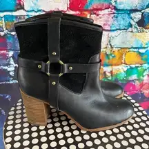 Lauren Ralph Lauren Dylan Black Leather Boots Chunky Block Stacked Heel 9 Medium