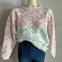 VINTAGE Pastel Sweater Pink Mint Floral Knit Pullover 90s Y2K Coquette Aesthetic