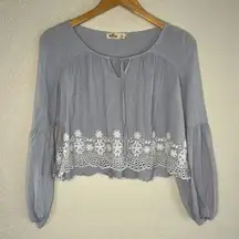 Hollister Blue Babydoll Top Eyelet Lace Long Sleeve Y2K Festival Cottage Crop