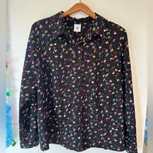 CAbi 3423 Ferris Black Printed Long Sleeve Button Down Shirt Women's Large