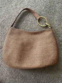 Eric Javits NY Brown Gold Woven Handbag Raffia Squished w Gold Rings