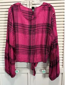 Wild‎ Fable Hot Pink/Black Plaid Long Balloon Sleeve Tie Back Shirt Size XXL