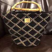 LONGABERGER Bamboo Handle & Black Corduroy Bag w Diamond Pattern Overlay VINTAGE