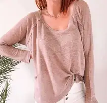 Free People Beach Knit Long Sleeve Top Pink Tan Sz M boho hippie slouchy