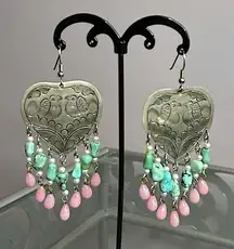 Vintage large silvertone hearts with birds boho statement beaded earrings