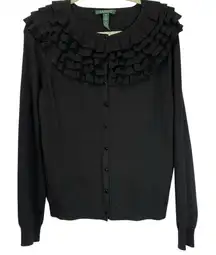 Lauren‎ Ralph Lauren Silk Black Ruffle Button Down Cardigan Sweater Size Medium