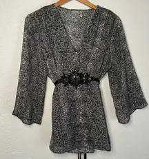 Nicole Miller Gray Black Animal Print Blouse Top Bejeweled 90s Y2K Party Large