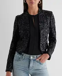 Express Women’s Black Beaded Sequin Ornate Cropped Blazer Jacket, Size L, NWT