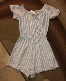 Blue and white striped off the shoulder romper 