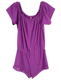 Fabletics XS Romper Perforated Legs Purple Off Shoulder Short‎ Sleeve 1304