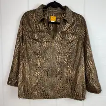 Ruby Rd Metallic Cheetah Print Zip Up Collared Jacket Elastic Waist 3/4 Sleeves