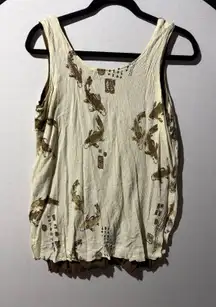 Soft Surroundings Women's L Linen Blend Tank Top Koi Fish Print Crinkle Texture