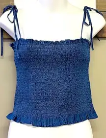 Vici Vintana Smocked Tencel Cropped Straps Tank Top- Denim Blue- Large