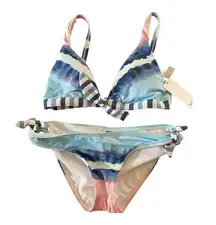 Splendid Size S Tie Dye Stripe Tie Bikini Set Blue Pink Watercolor Pastel Preppy