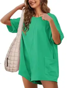 Teal V-Neck Short Sleeve Short T-Shirt Romper