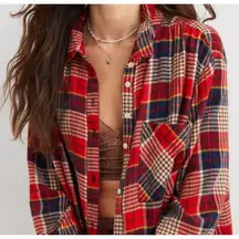 Aerie Top Womens Small Red Plaid Flannel Pajama‎ Button Up Top Soft Cotton Blend