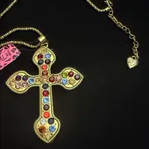 Betsy Johnson Rhinestone Cross Chunky Statement Necklace Gold Tone Chain NWT