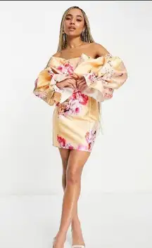 ASOS LUXE belted drama sleeve structured satin mini dress in floral print