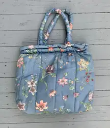 Vintage Blue Floral Puffy Quilt Tote Purse w/ Metal Bracket Closure